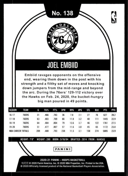 2020-21 Panini Hoops Joe embidd #138 Philadelphia 76ers