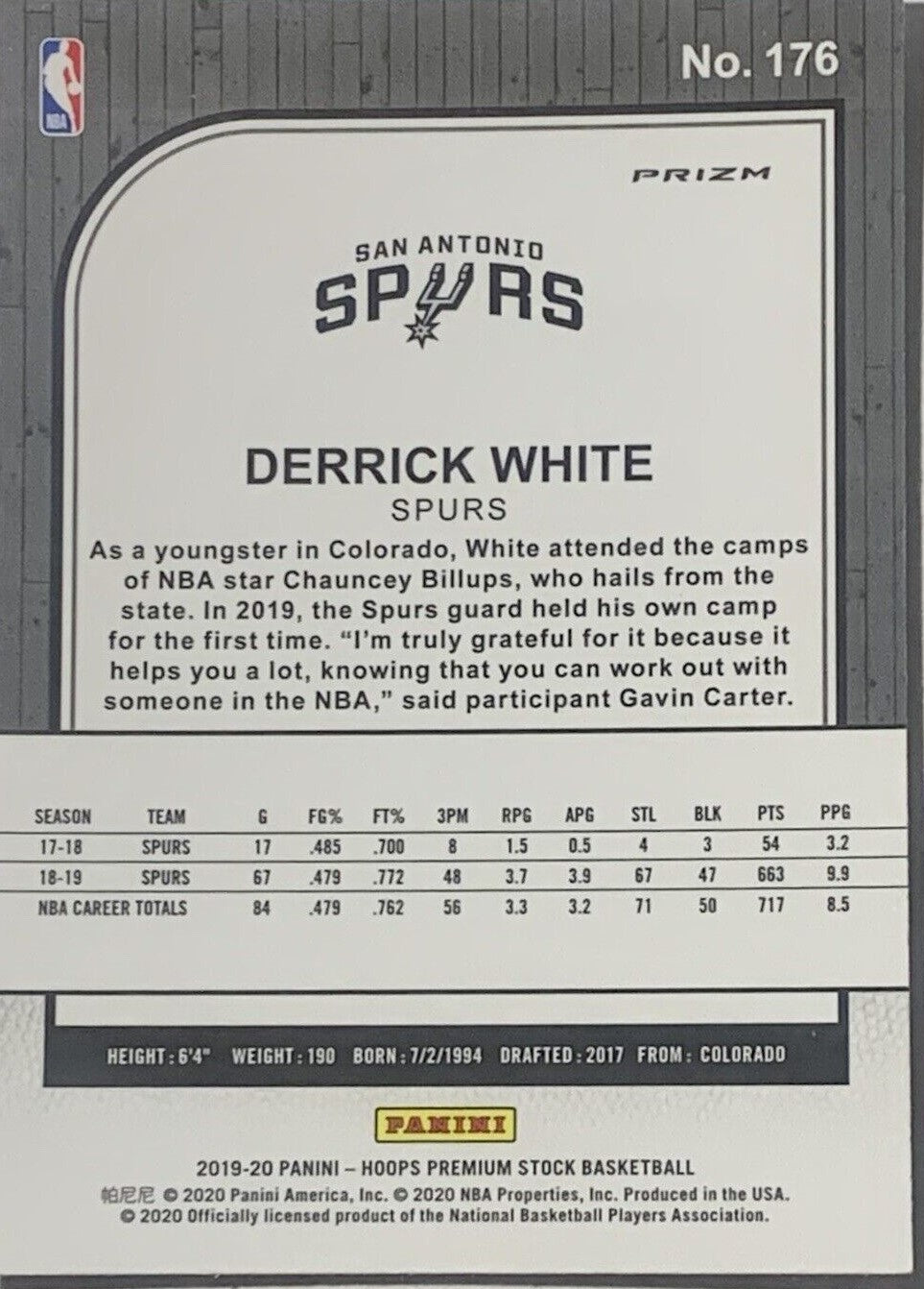 2019-20 Hoops Premium Stock Derrick White Silver Prizm #176 San Antonio Spurs