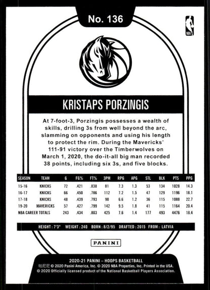 Kristaps Porzingis 2020-21 Panini NBA Hoops E40 #136 Dallas Mavericks
