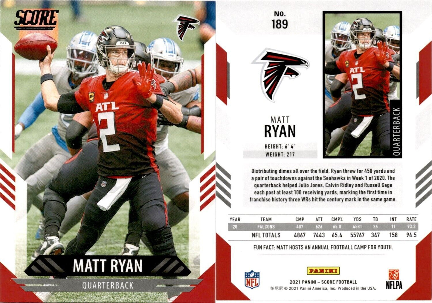 Matt Ryan 2021 PANINI Score #189 ATLANTA FALCONS - walk-of-famesports