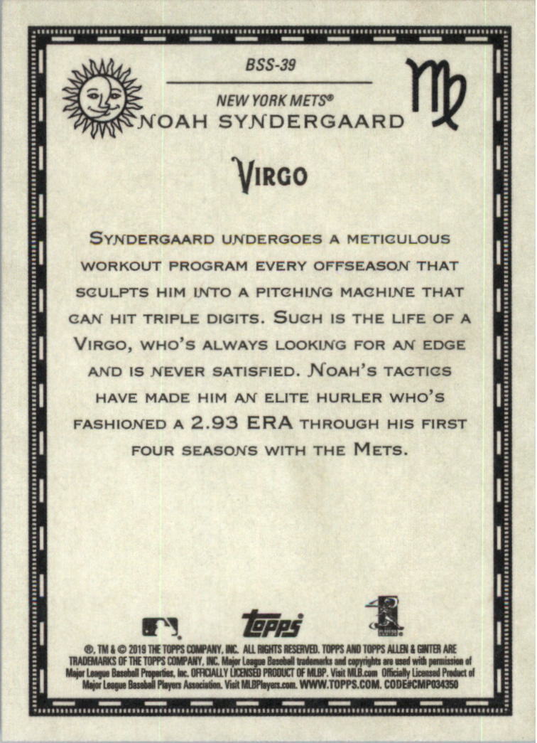 2019 Topps Allen and Ginter Baseball Star Signs #BSS39 Noah Syndergaard