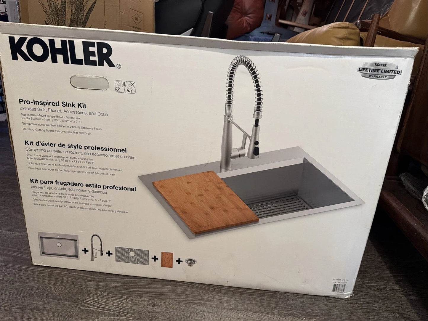 Kohler Pro-Inspired 33-Inch All-in-One Kitchen Sink and Faucet Kit, Stainless Steel - Open Box