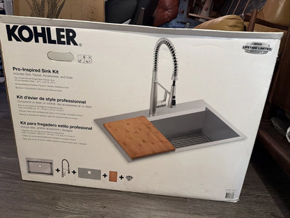 Kohler Pro-Inspired 33-Inch All-in-One Kitchen Sink and Faucet Kit, Stainless Steel - Open Box