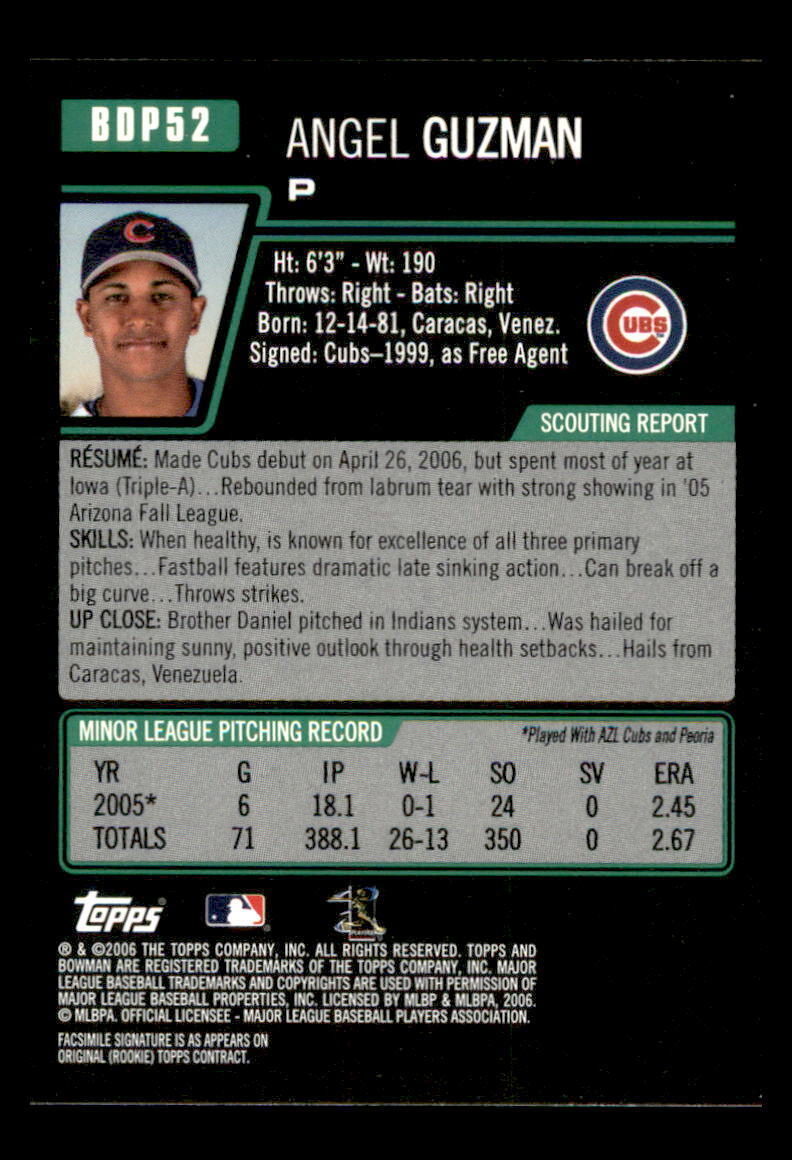 2006 Topps Bowman Angel Guzman Rookie #BDP52 Chicago Cubs