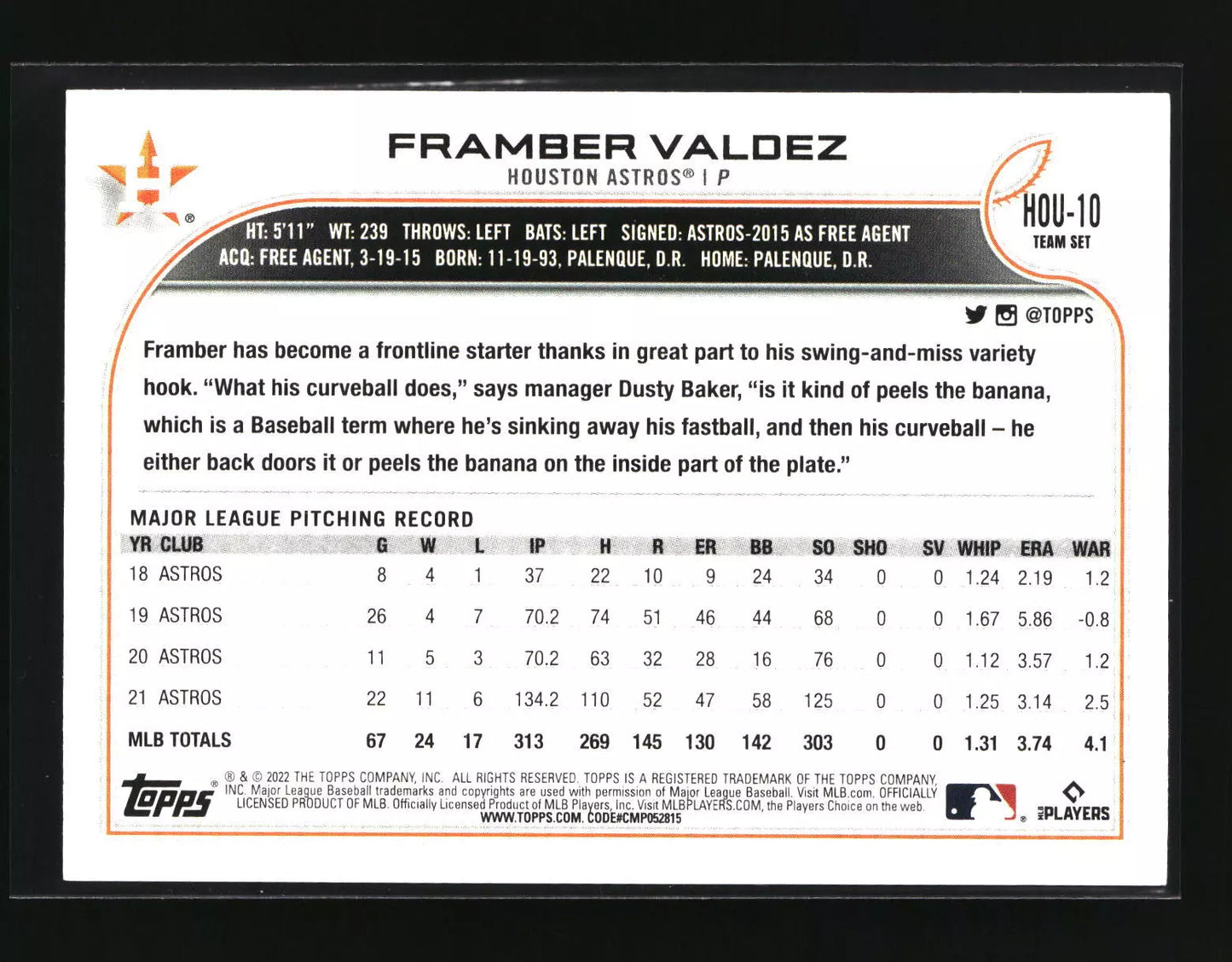 2022 Topps Framber Valdez #HOU-10 Houston Astros