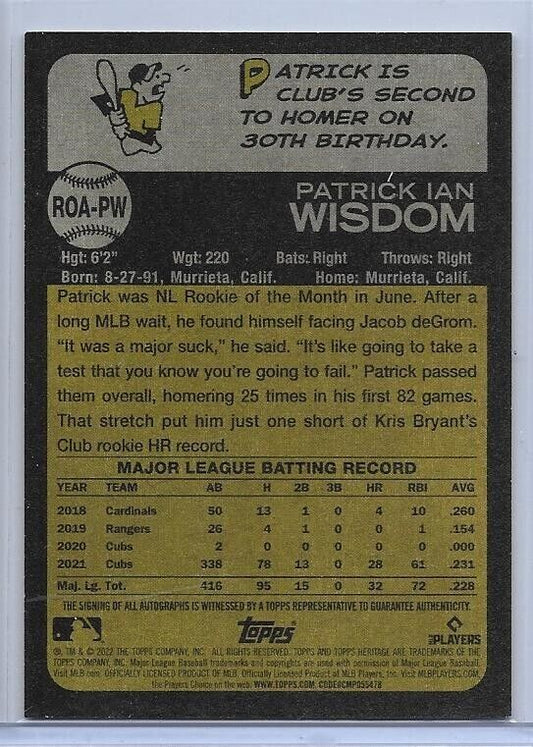 Patrick Wisdom 2022 Topps Heritage High Number Real Ones Auto Card #ROA-PW Chicago Cubs