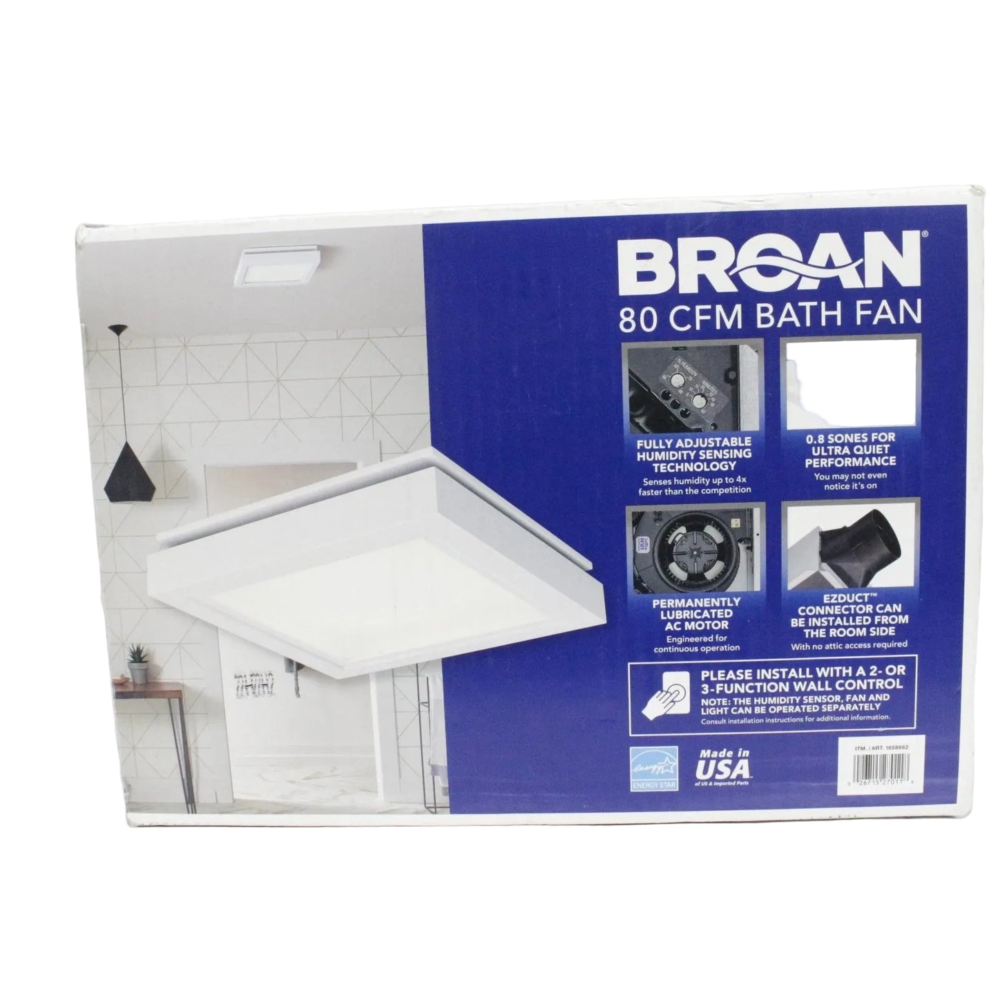 Broan Ultra-Quiet Humidity-Sensing Bath Fan with LED Light CST80SLW