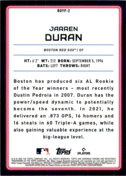 2022 Bowman Chrome Rookie of Year Favorites Jarren Duran #ROYF-2 Boston Red Sox