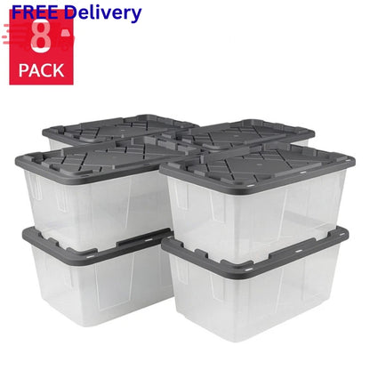 GreenMade 27 Gallon Clear Storage Bins - 8 Pack - Gray Lid