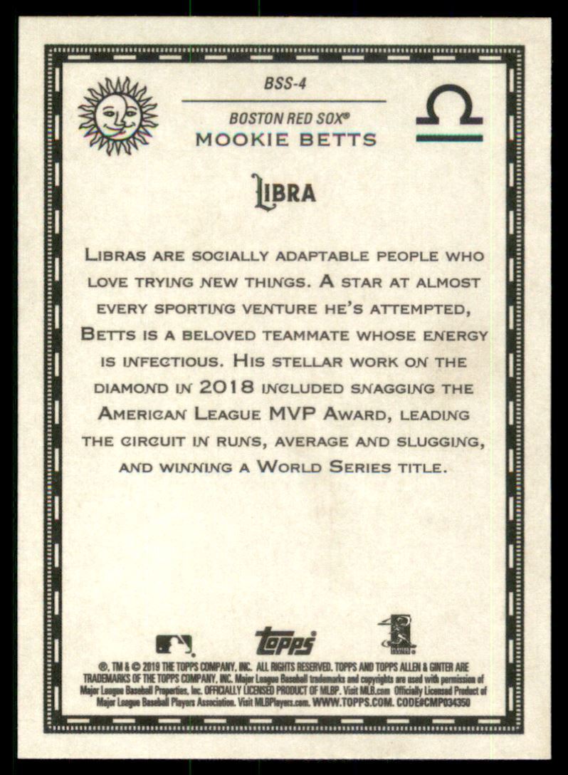 2019 Topps Allen and Ginter Baseball Star Signs #BSS4 Mookie Betts
