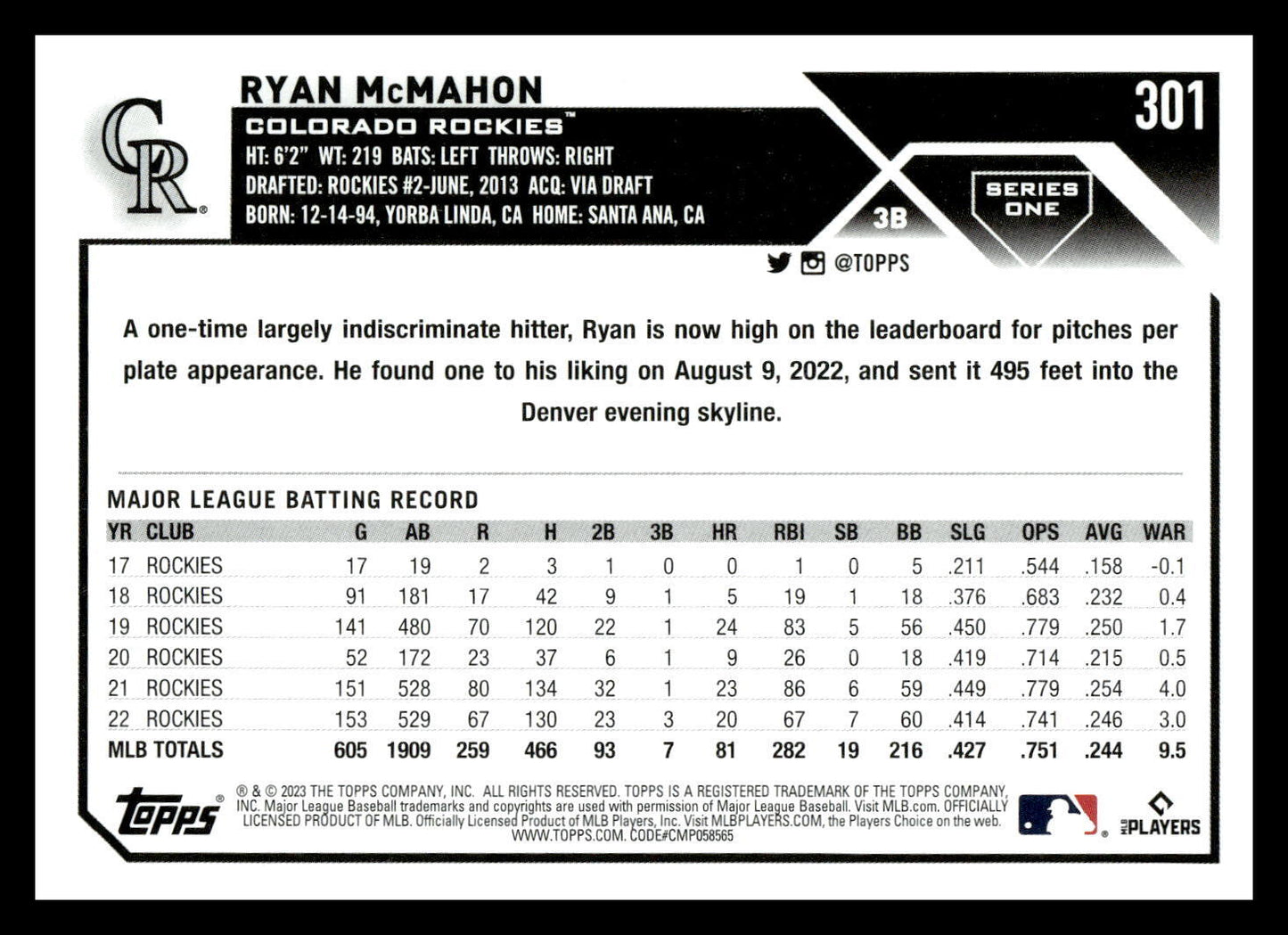 2023 Topps Ryan McMahon #301 Colorado Rockies