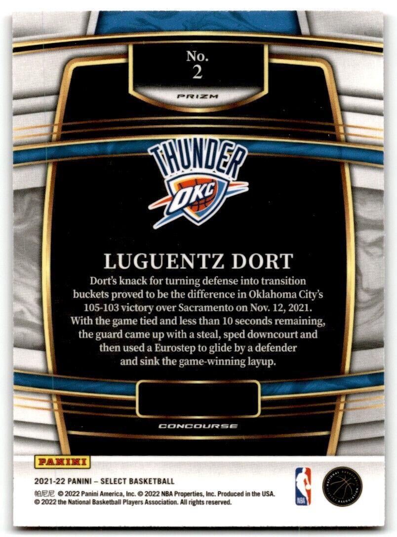 2021-22 Panini Select Luguentz Dort Orange Flash Prizms 2 Oklahoma City Thunder