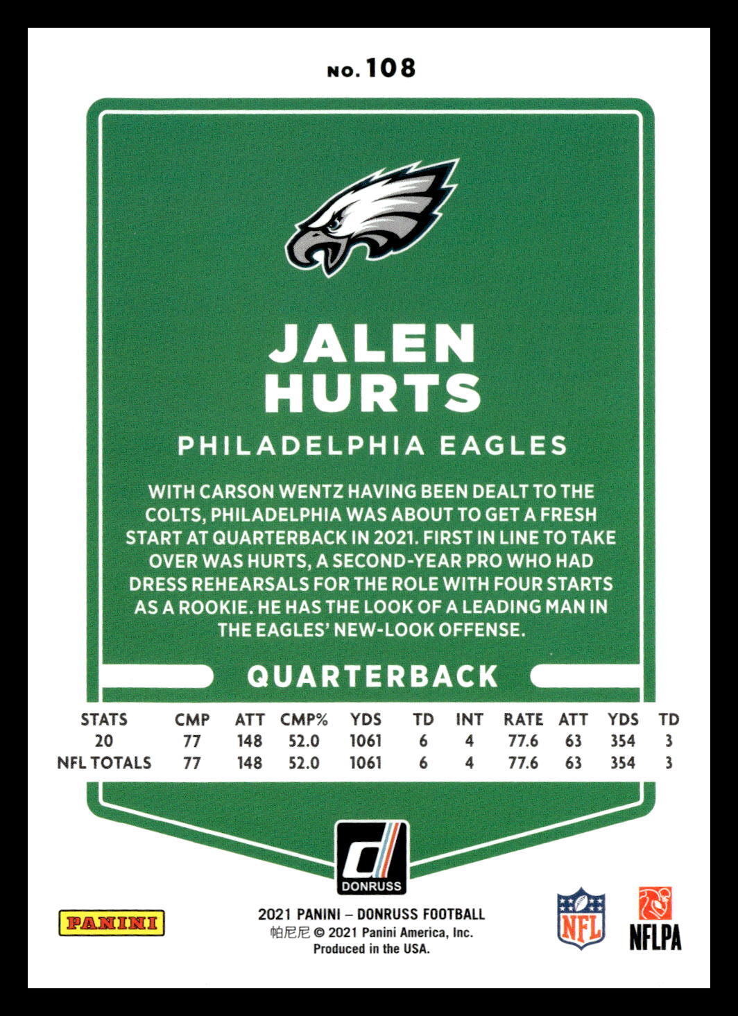 2021 Panini Donruss Jalen Hurts #108 Philadelphia Eagles RC