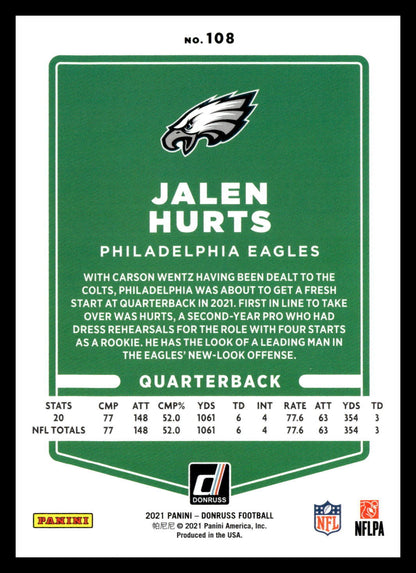 2021 Panini Donruss Jalen Hurts #108 Philadelphia Eagles RC