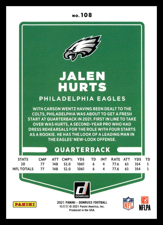 2021 Panini Donruss Jalen Hurts #108 Philadelphia Eagles RC