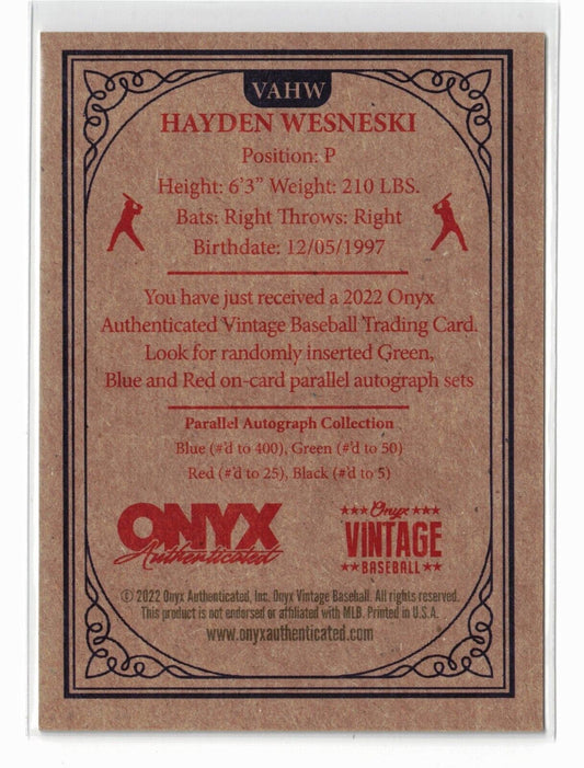 2022 Onyx Vintage Extended Auto Blue Ink /400 Hayden Wesneski #VAHW Auto