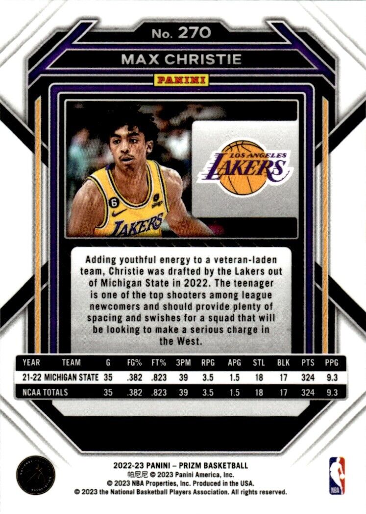 2022-23 Panini Prizm Max Christie Rookie Base #270 Los Angeles Lakers - walk-of-famesports