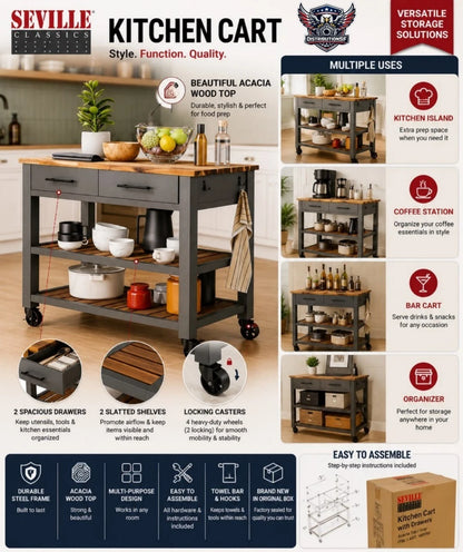 Seville Classics Kitchen Cart with Acacia Top & 2 Drawers - Gray - Used Good