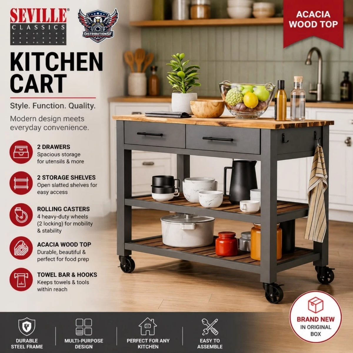 Seville Classics Kitchen Cart with Acacia Top & 2 Drawers - Gray - Used Good