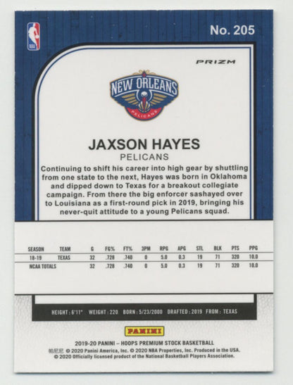2019-20 Hoops Premium Stock Jaxson Hayes Rookie Silver Prizm #205 New Orleans Pelicans
