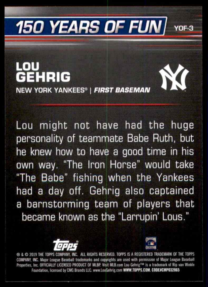 2019 Topps Opening Day - Lou Gehrig - 150 Years of Fun YOF-3