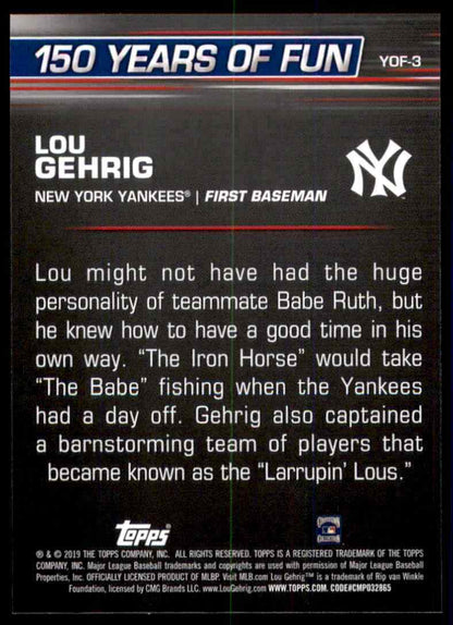 2019 Topps Opening Day - Lou Gehrig - 150 Years of Fun YOF-3