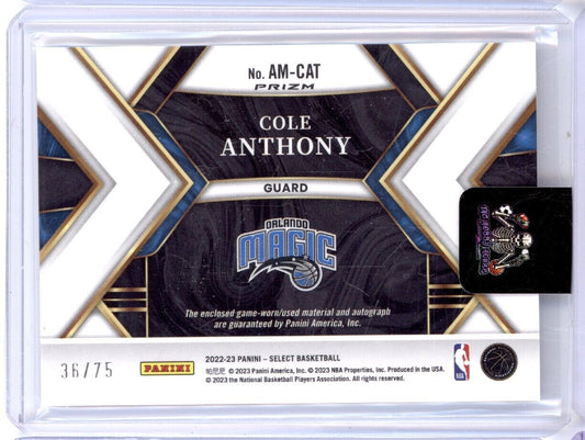 COLE ANTHONY 2022-23 PANINI SELECT PURPLE PATCH AUTO /75 ORLANDO MAGIC