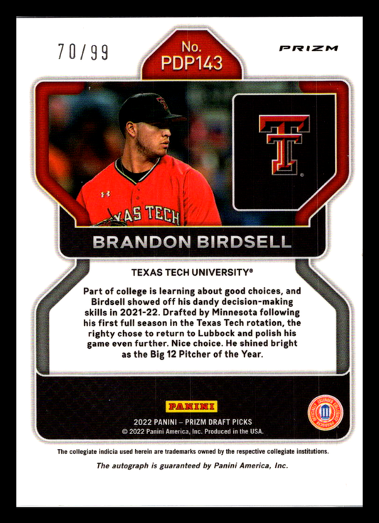 2022 Panini Prizm Draft Pick Red Donut Circles - 2/99 Brandon Birdsell #143 Texas Tech Red Raiders
