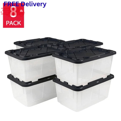 GreenMade 27 Gallon Clear Storage Bins - 8 Pack - Black Lid