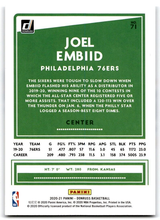 2020-21 Panini Donruss Joe embidd #71 Philadelphia 76ers
