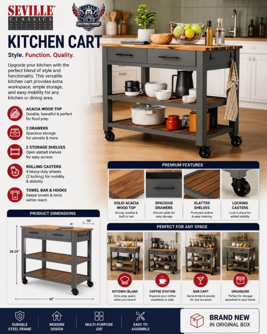 Seville Classics Kitchen Cart with Acacia Top & 2 Drawers - Gray - Used Good