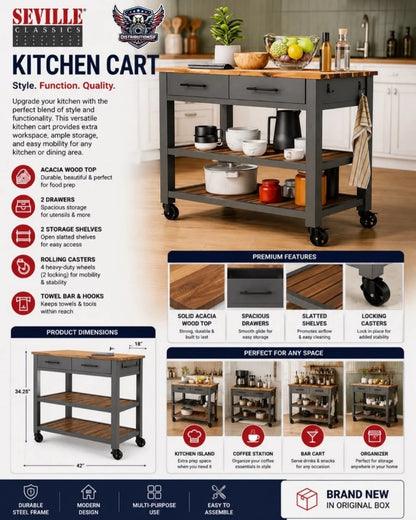 Seville Classics Kitchen Cart with Acacia Top & 2 Drawers - Gray - Used Good