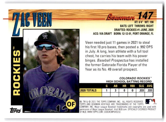 2021 Bowman Rookie Zac Veen #147 Colorado Rockies