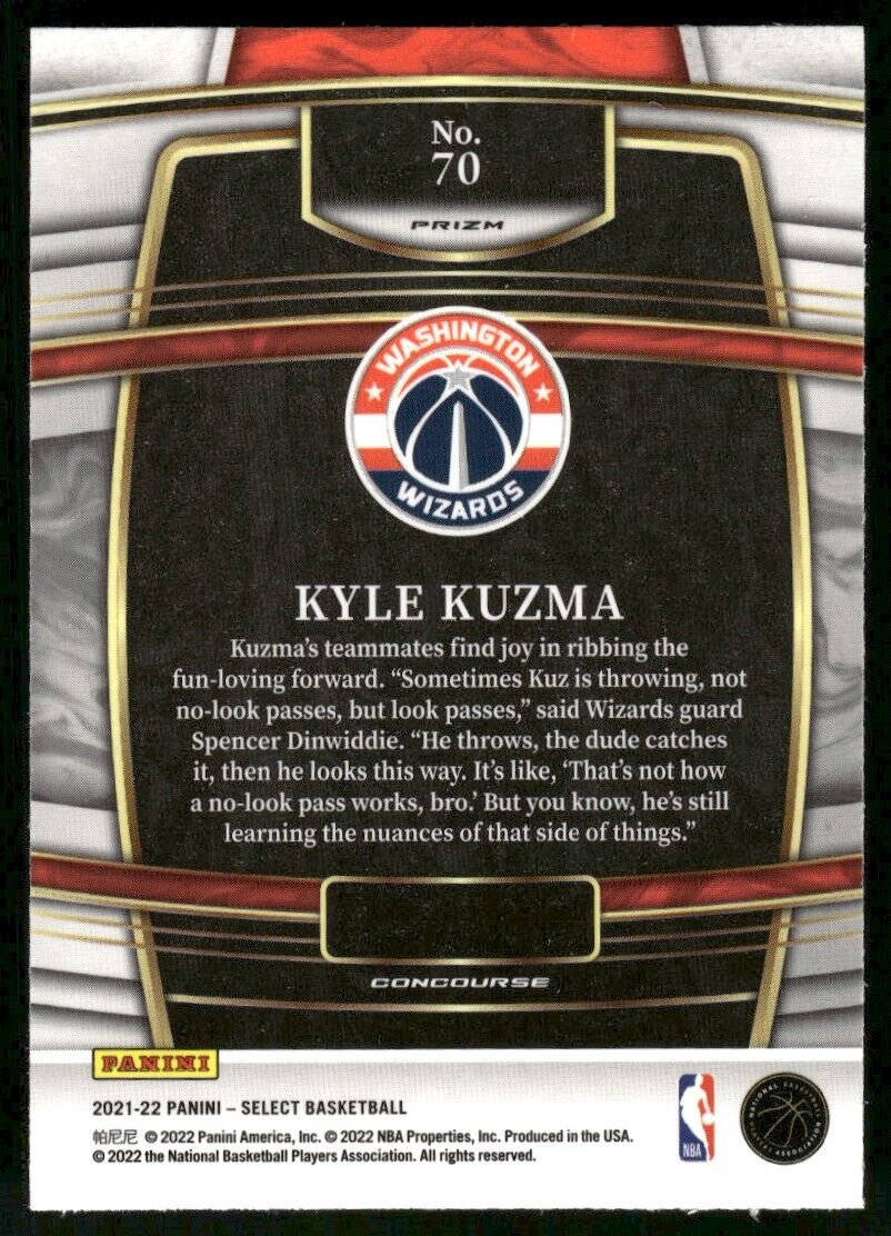 2021-22 Panini Select Kyle Kuzma Blue Prizm #70 Washington Wizards