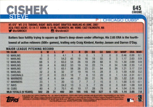 2019 Topps Chrome Sapphire Steve Cishek #645 Chicago Cubs