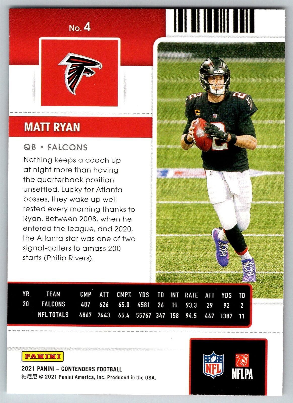 Matt Ryan 2021 PANINI Contenders #4 ATLANTA FALCONS - walk-of-famesports