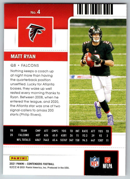 Matt Ryan 2021 PANINI Contenders #4 ATLANTA FALCONS - walk-of-famesports
