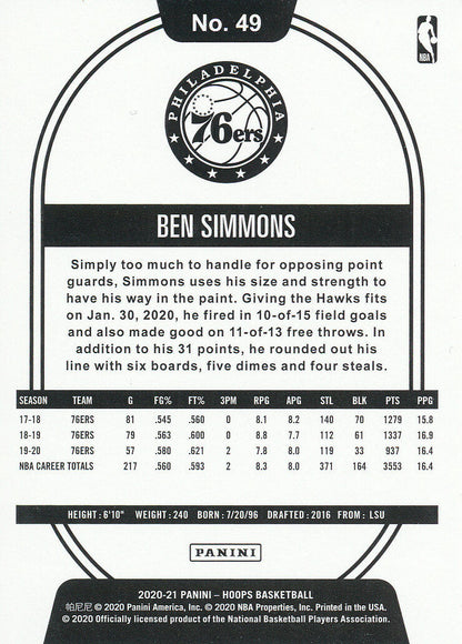 2020-21 Panini NBA Hoops Ben Simmons #49 Philadelphia 76ers