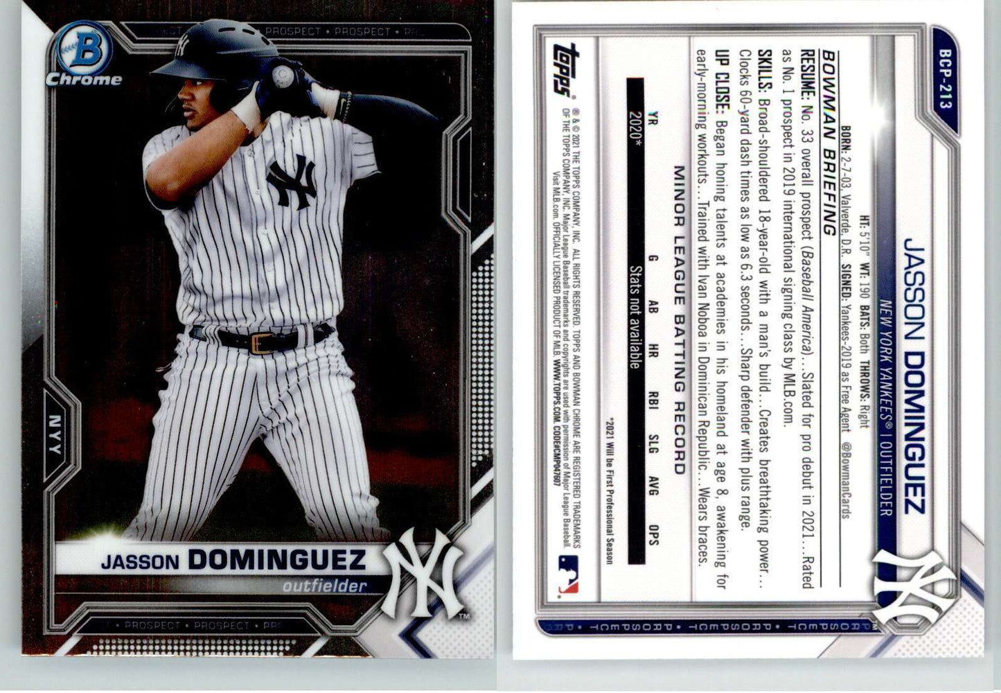 Jasson Dominguez 2021 Bowman Chrome Prospects BCP-213 Yankees