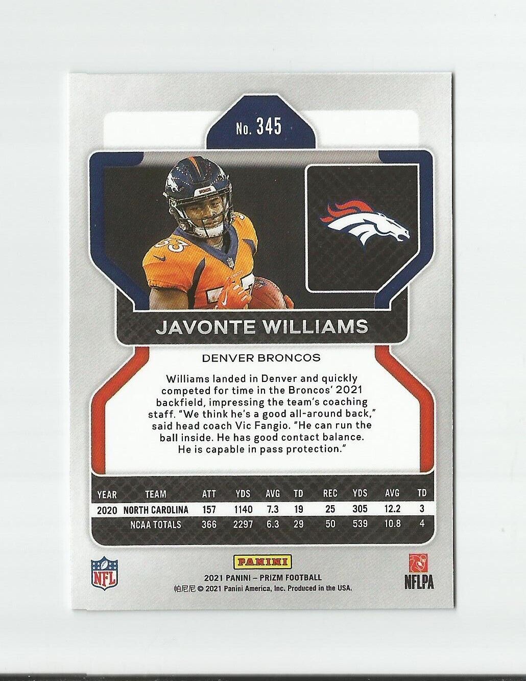 2021 Panini Prizm Javonte Williams #345 Base Rookie Card RC Denver Broncos