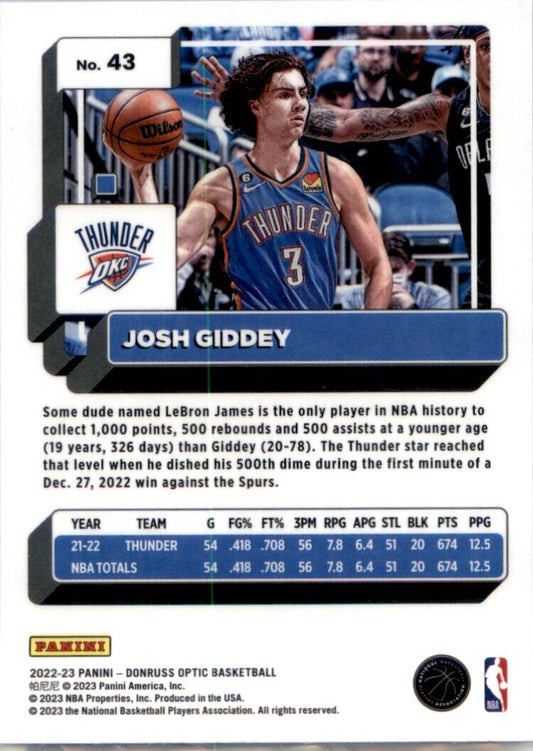 2022-23 Donruss Optic Josh Giddey #43 Oklahoma City Thunder - walk-of-famesports