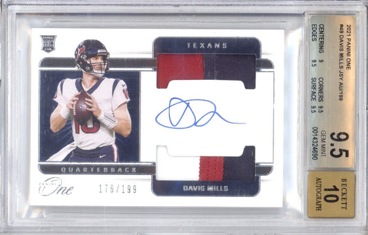 DAVIS MILLS #49 2021 PANINI ONE DUAL PATCH ON CARD AUTO RC /199 BGS 9.5 AUTO 10