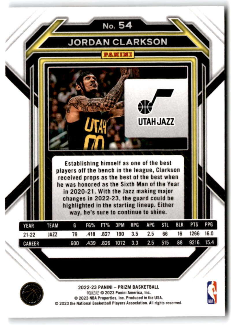 2022-23 Panini Prizm Jordan Clarkson Base #54 Utah Jazz - walk-of-famesports