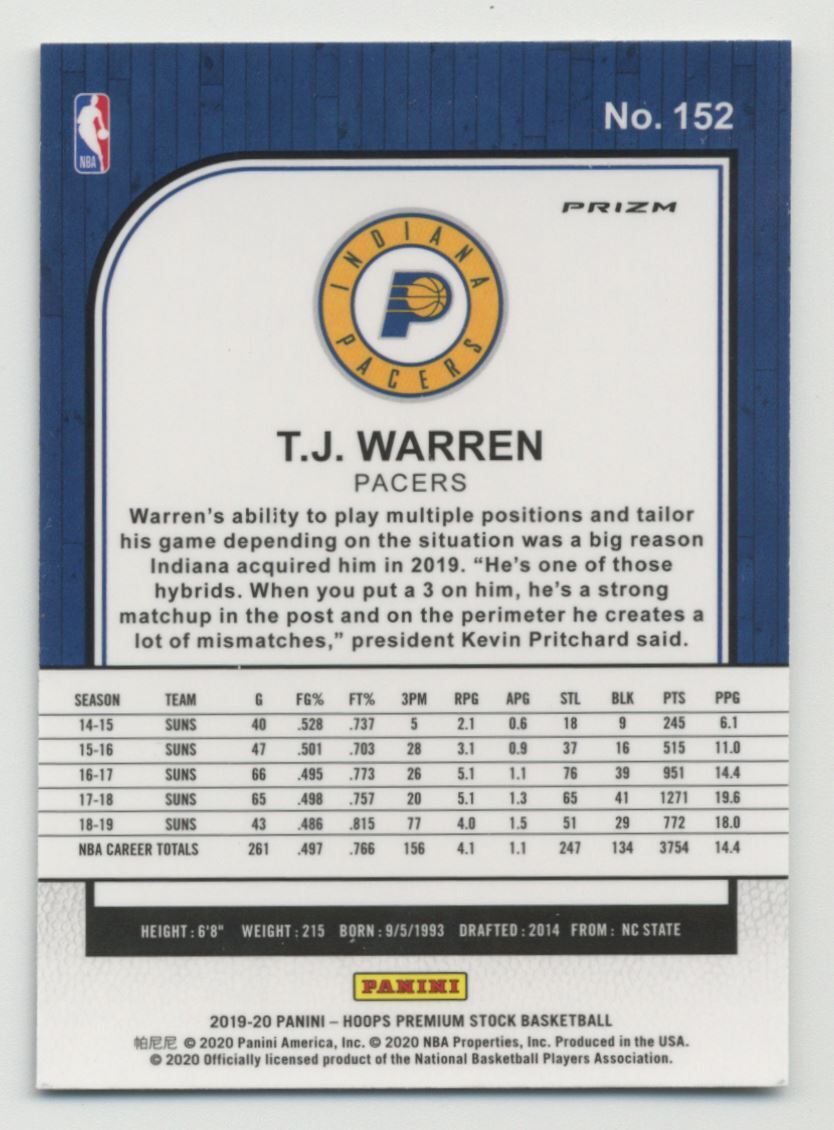 2019-20 Hoops Premium Stock T.J. Warren Silver Prizm #152 Indiana Pacers