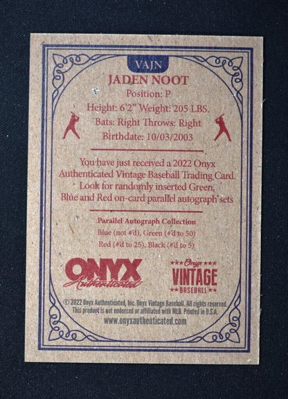 2022 Onyx Vintage Extended Auto Blue Ink #VA-JN Jaden Noot - Prospect
