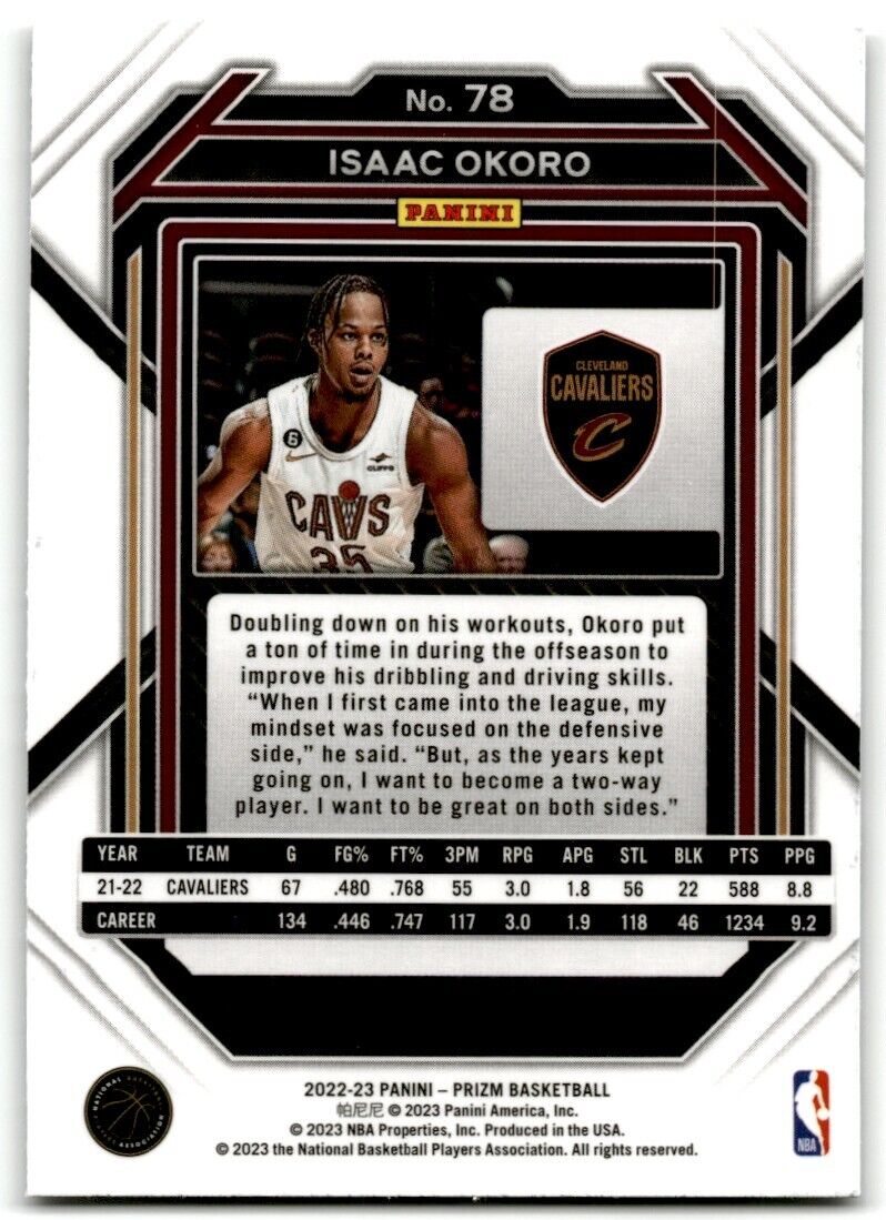 2022-23 Panini Prizm Isaac Okoro Base #78 Cleveland Cavaliers - walk-of-famesports