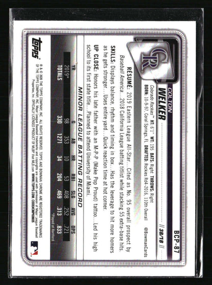 Colton Welker 2020 Bowman Chrome Mojo Refractor #BCP-87 Rookies