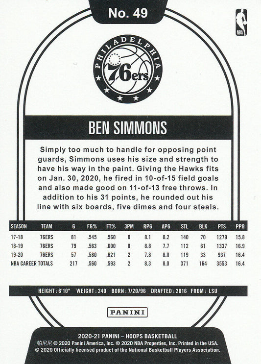 2020-21 Panini Hoops Ben Simmons #49 Philadelphia 76ers
