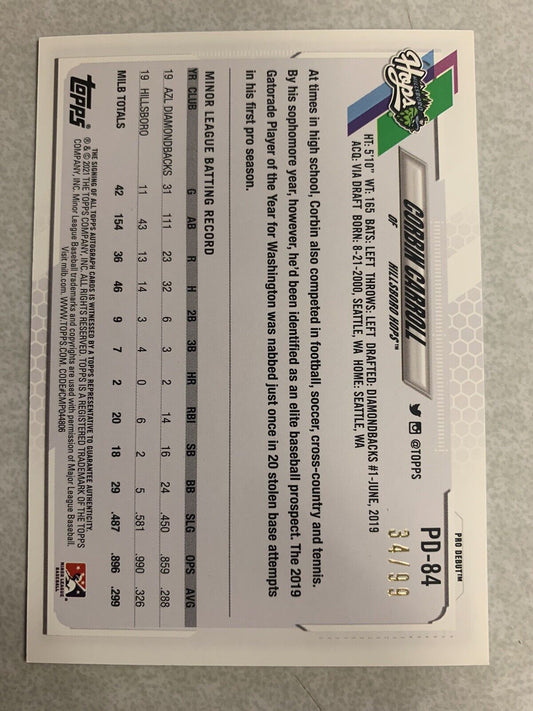 2021 Topps Pro Debut Corbin Carroll Auto Green #PD-84 True Rookie 34/99 Diamondbacks - walk-of-famesports