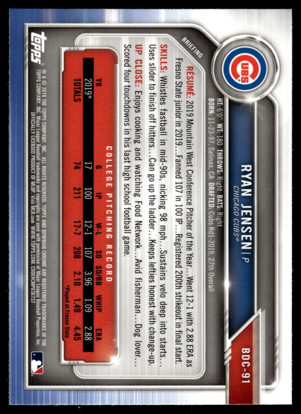 2019 Bowman Chrome Sapphire Prospects Ryan Jensen #BCP-91 Chicago Cubs